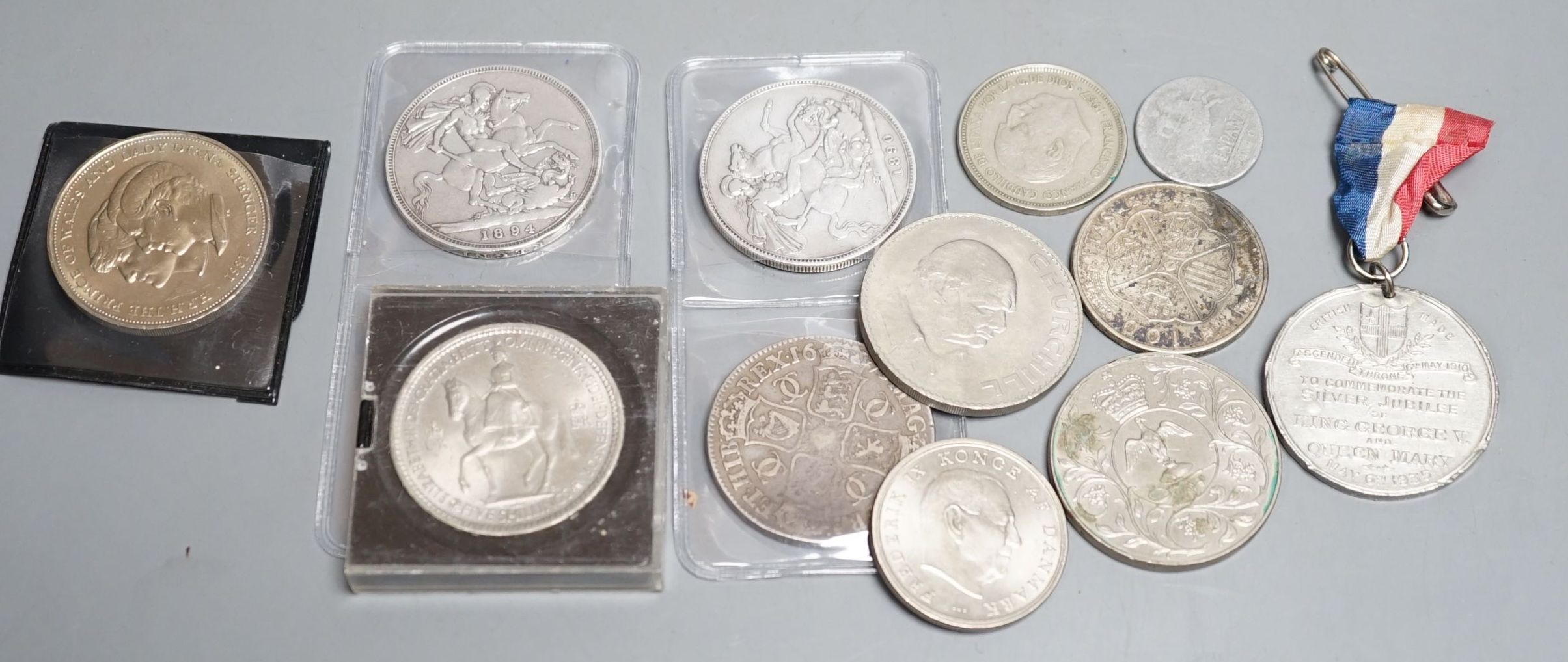 Charles II crown 1679, three Victorian silver crowns, Morgan dollar, etc.